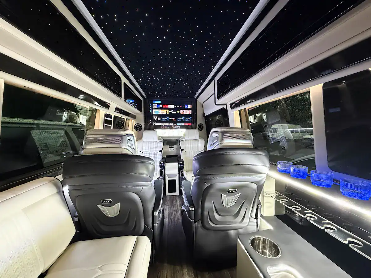 Rear seats of the MUSAT Mercedes-Benz Sprinter Jet, luxury car service to the Hamptons