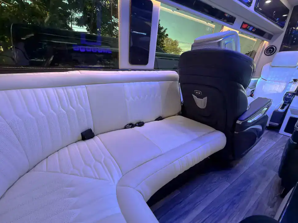 Rear seats of the MUSAT Mercedes-Benz Sprinter Jet for chauffeur service in Connecticut
