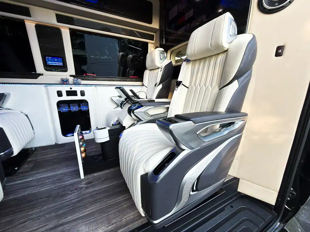 White seat inside the MUSAT Mercedes-Benz Sprinter Jet